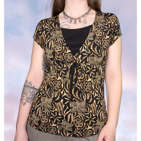 90s Vintage Y2k Brown Black Hibiscus Flower All Over Print Tropical Shirt Sz S - Picture 1 of 6